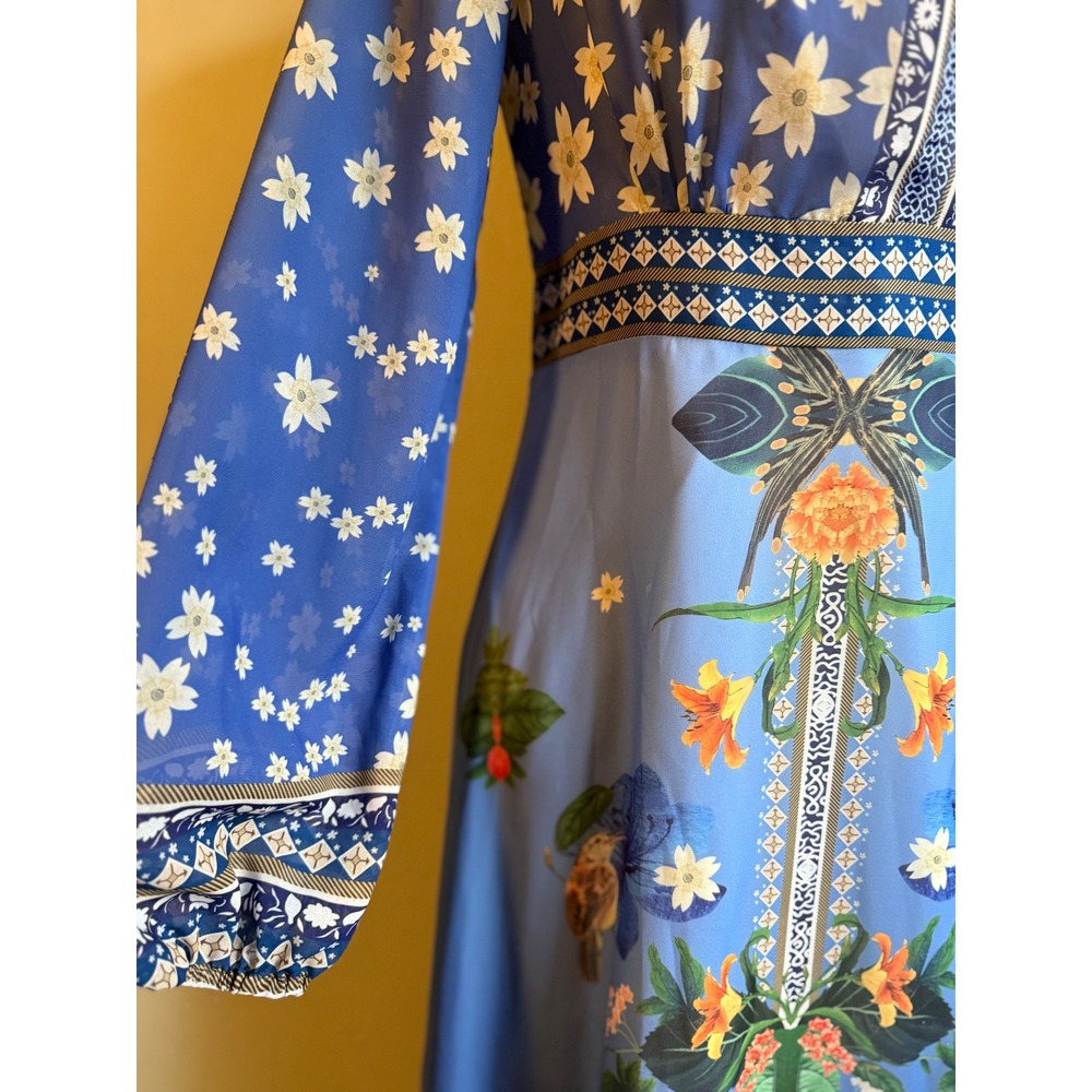 Boho Blue Floral Maxi Dress Long Sleeve whimsi romantic flowy silk Medium pink - Picture 3 of 7